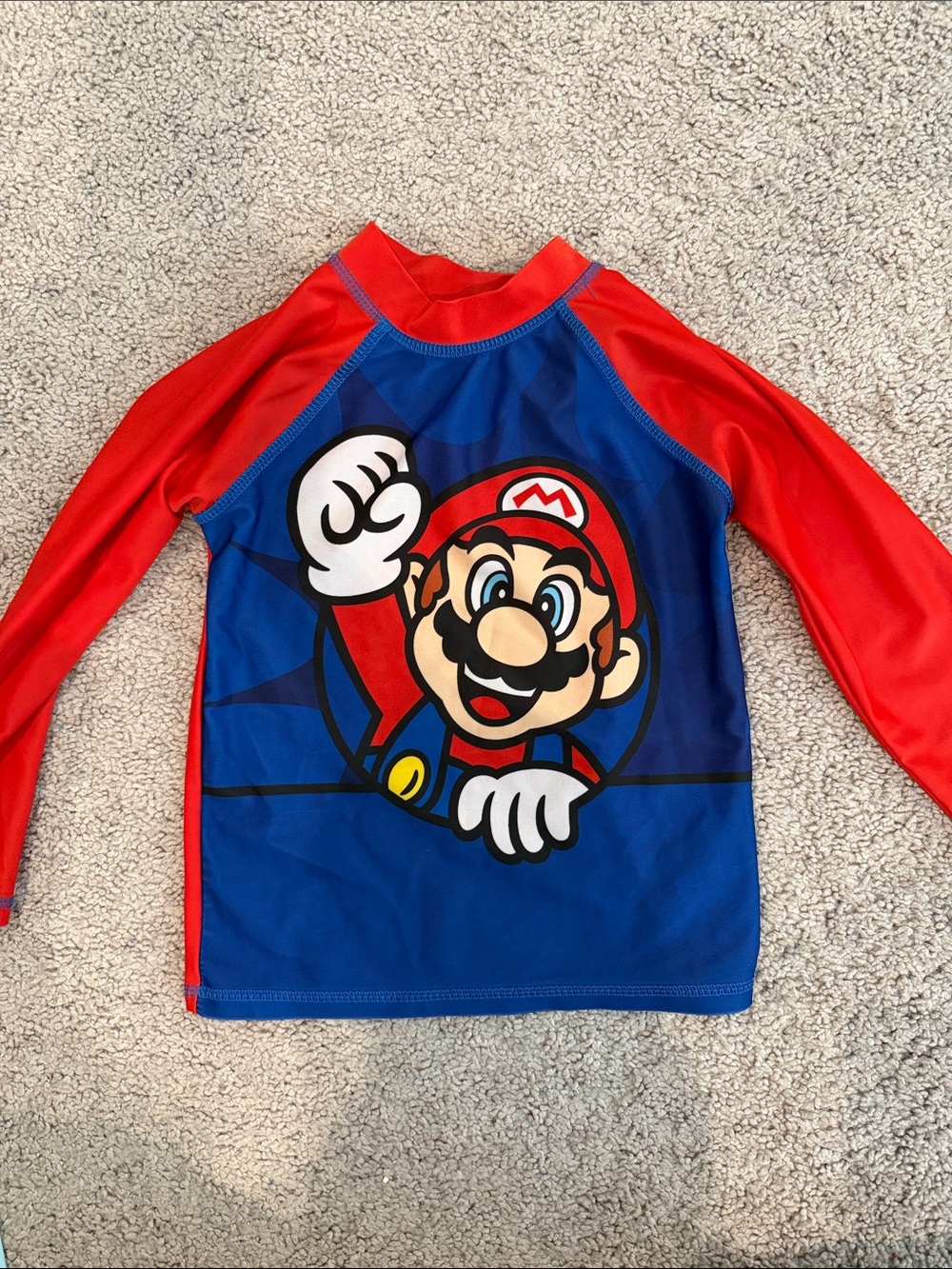 Super Mario Long-Sleeve Kids Rashguard Swim Top - Blue & Red